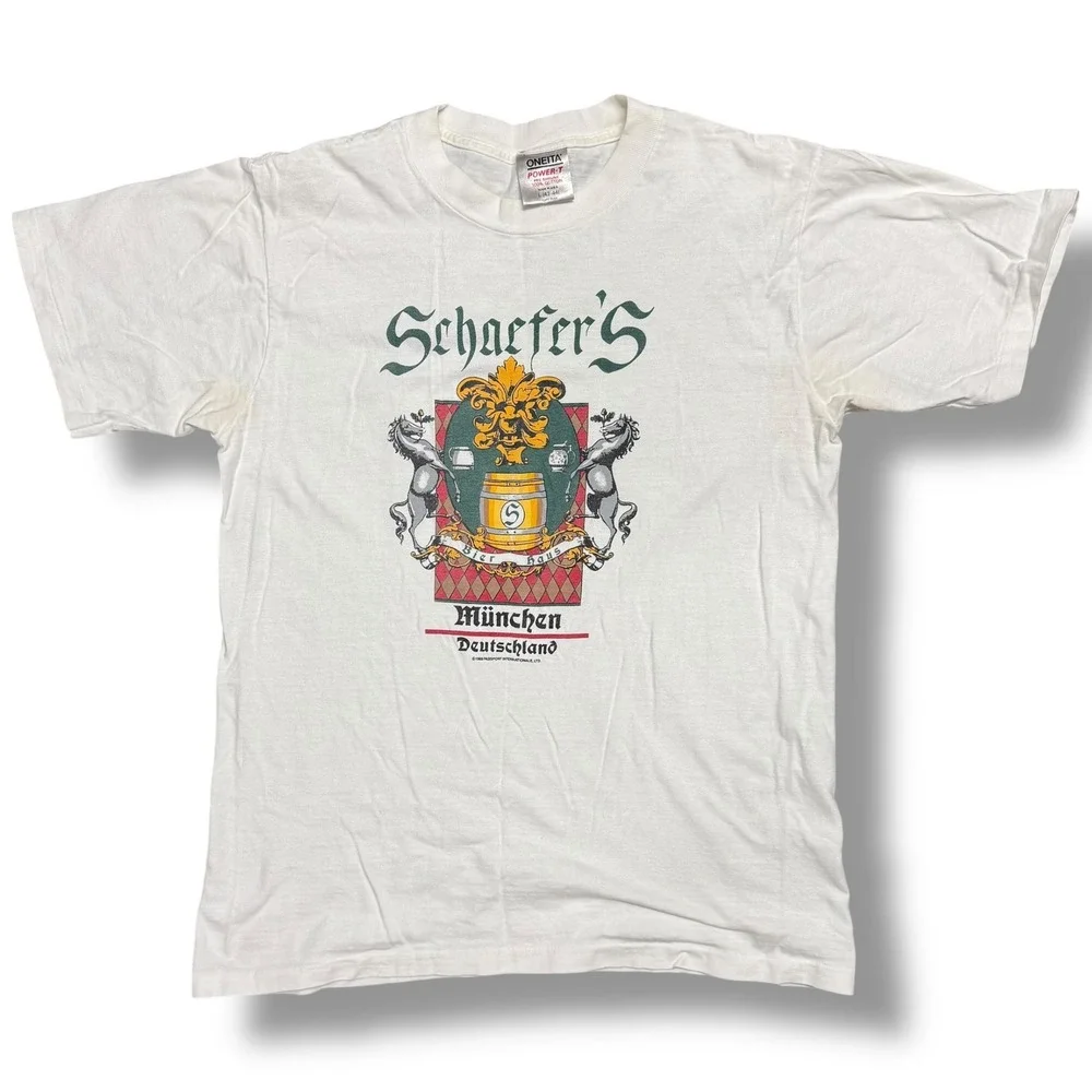 Vintage 1989 Oneita Power-T Schaefer's Munich tee L Germany crest‎ graphic